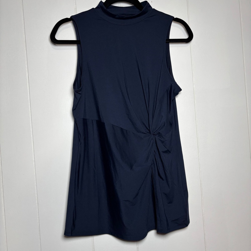 Spanx Butter Asymmetrical Top Navy Mock Neck Side Knot Sleeveless Stretch Small